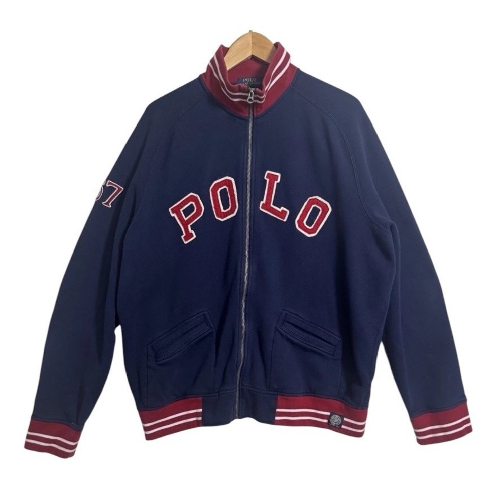 Polo Ralph Lauren Zip Up Sweat Track Jacket Spellout Mens XXLarge Navy Red